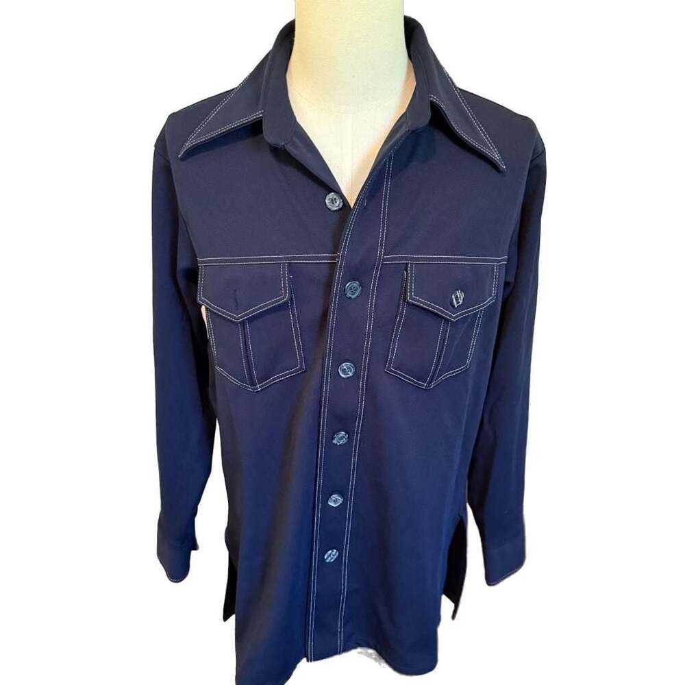 Vintage Kings Road Sears 1970s Navy Blue Contrast Stitch Shirt Size Large Tall 4